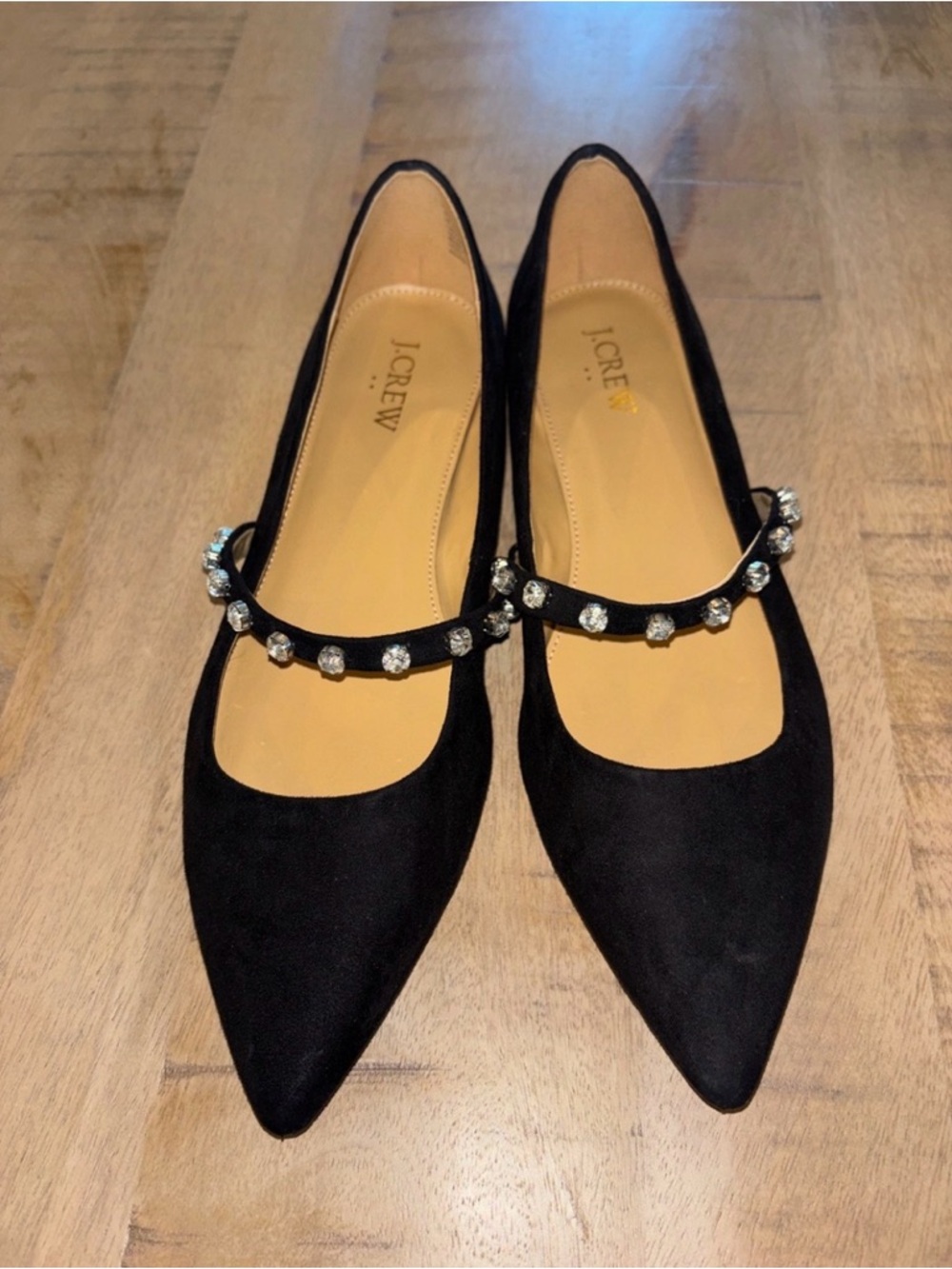 J. Crew Black Suede Pointed Mary Jane Flats with Crystal-Strap